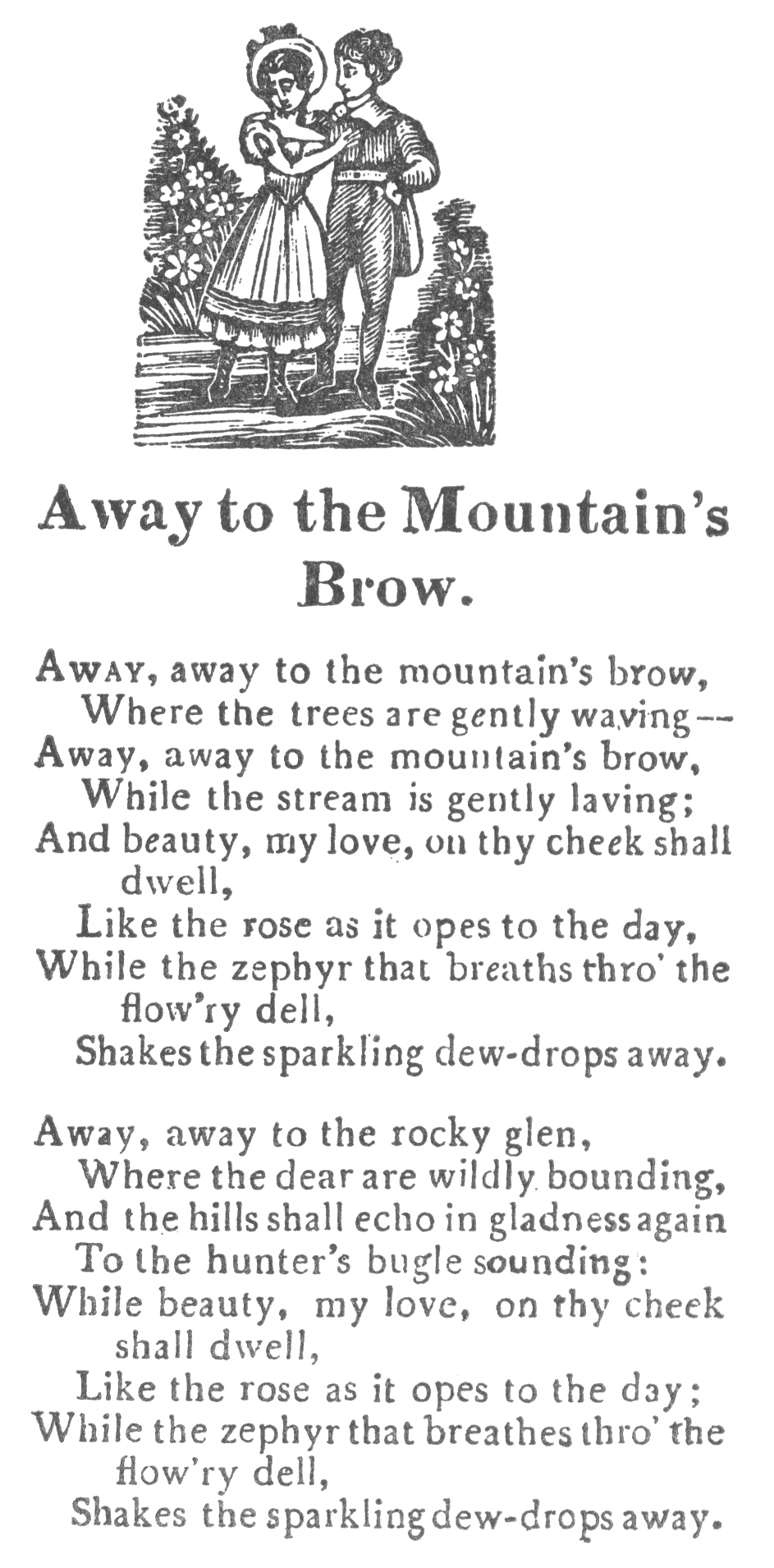 printed broadside called Away to the Moutain's Brow, featuring a woodcut of a female and male couple