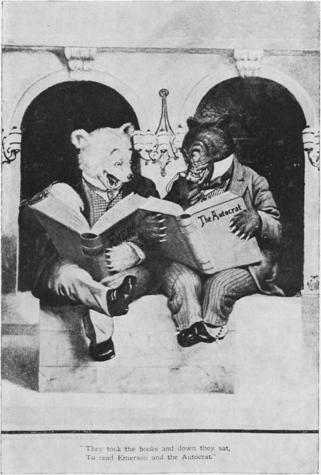 Illustration of the two bears reading books, captioned They took the books and down they sat, To read Emerson and the Autocrat